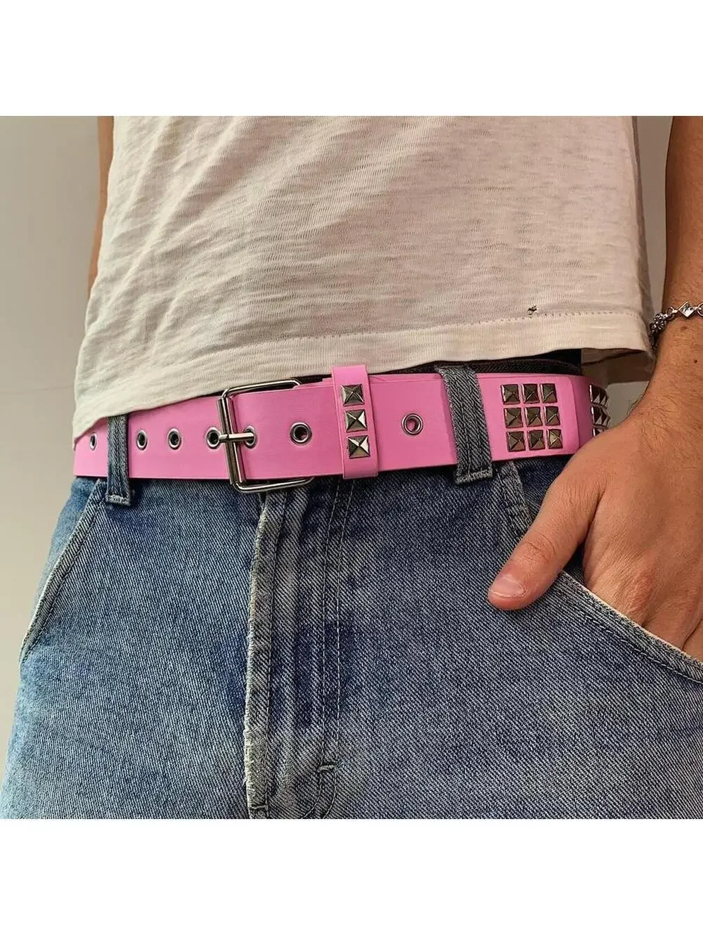 Y2k 2000s style Pink leather with silver studded bel . 39 inches length. Comes n